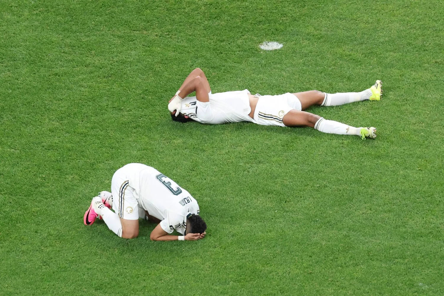 لاعبو الأخضر يتحسرون بعد الخروج المونديالي (أ.ف.ب)
