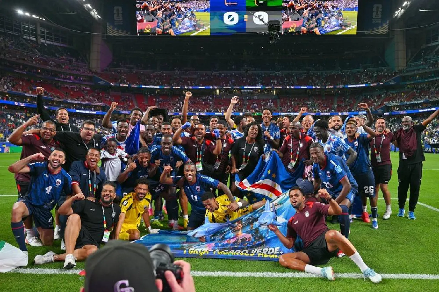 Cape Verde players celebrate with fans after qualifying for the knockout stage following a 0-0 draw in the FIFA World Cup 2026 group stage match between Cape Verde and Saudi Arabia in Houston, USA, 26 June 2026. (EPA)