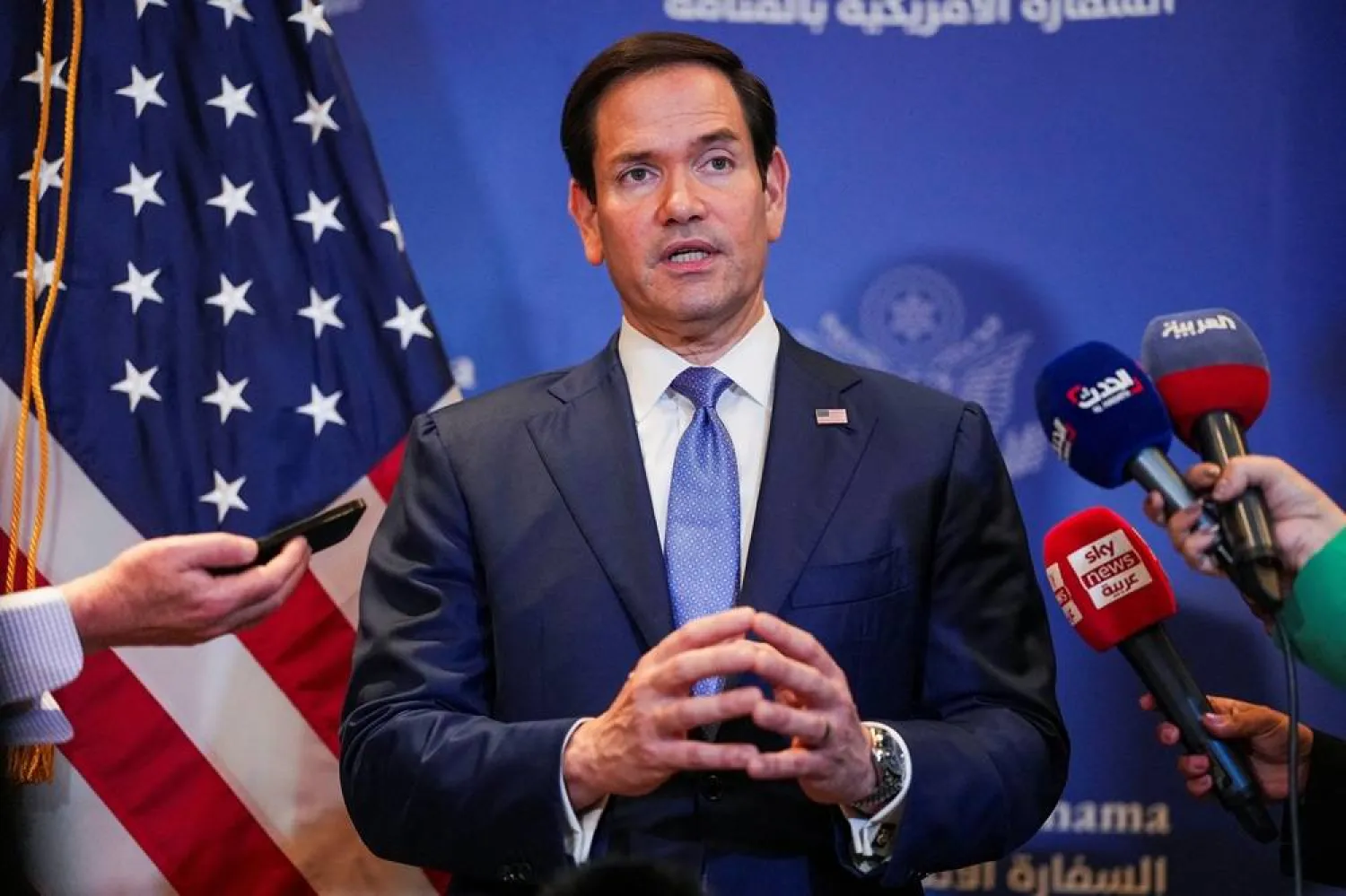  US Secretary of State Marco Rubio speaks with members of the media before departing for Bahrain International Airport after his visit to the Middle East, Manama, Bahrain, June 25, 2026. (Reuters)