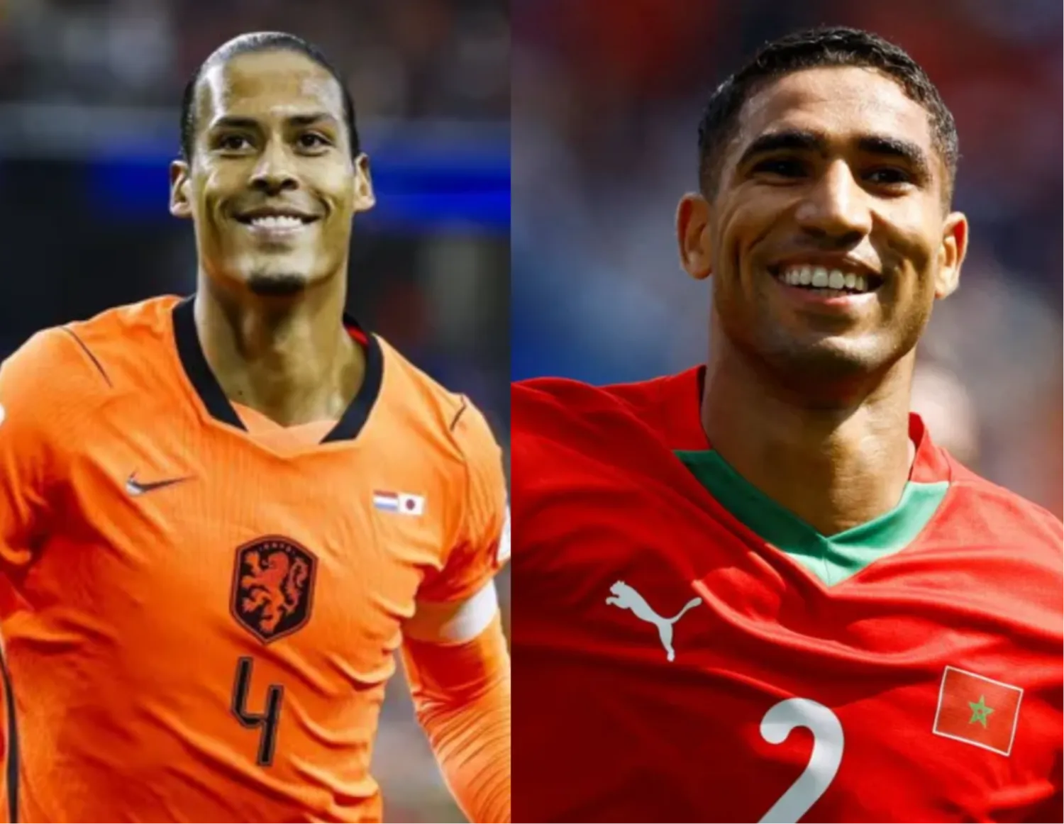 لاعب المنتخب المغربي أشرف حكيمي (يمين) ولاعب هولندا فيرجيل فان دايك (يسار) 