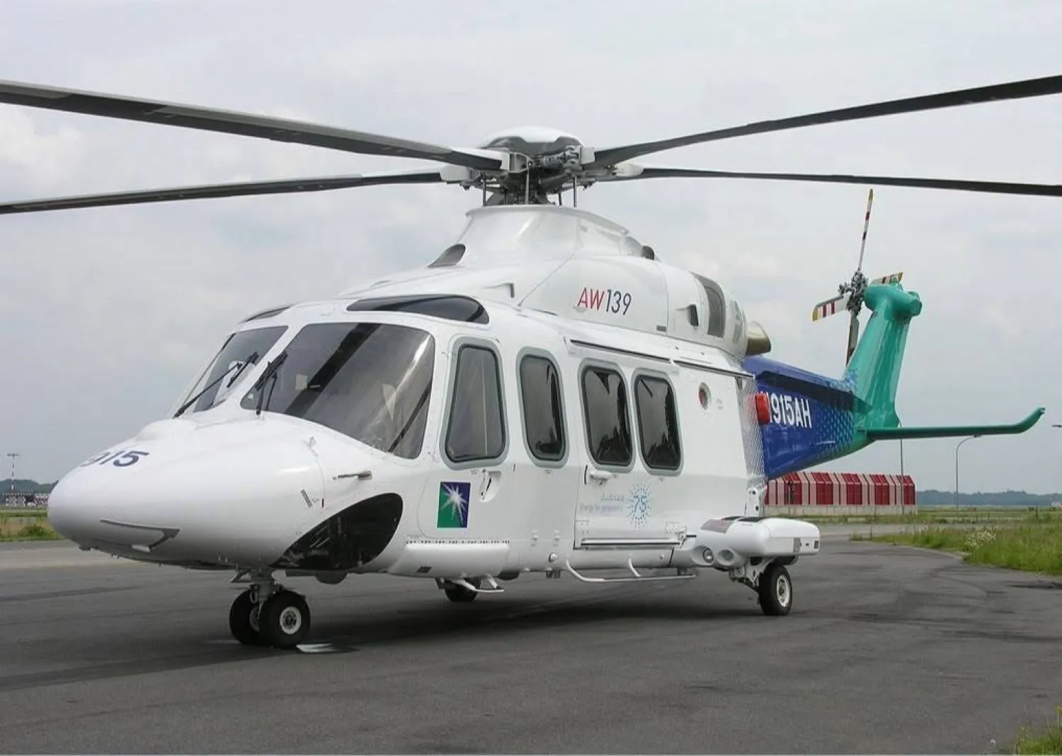A Leonardo AW139 helicopter, the model operated in Aramco's aviation fleet, with a seating capacity of 14 passengers.