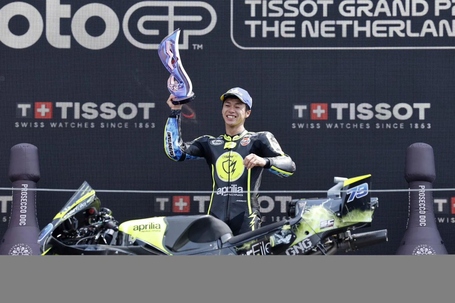 Ai Ogura of Japan on his Aprilia celebrates winning the MotoGP race of the Motorcycling Grand Prix of the Netherlands at TT Circuit in Assen, the Netherlands, 28 June 2026.  EPA/VINCENT JANNINK
