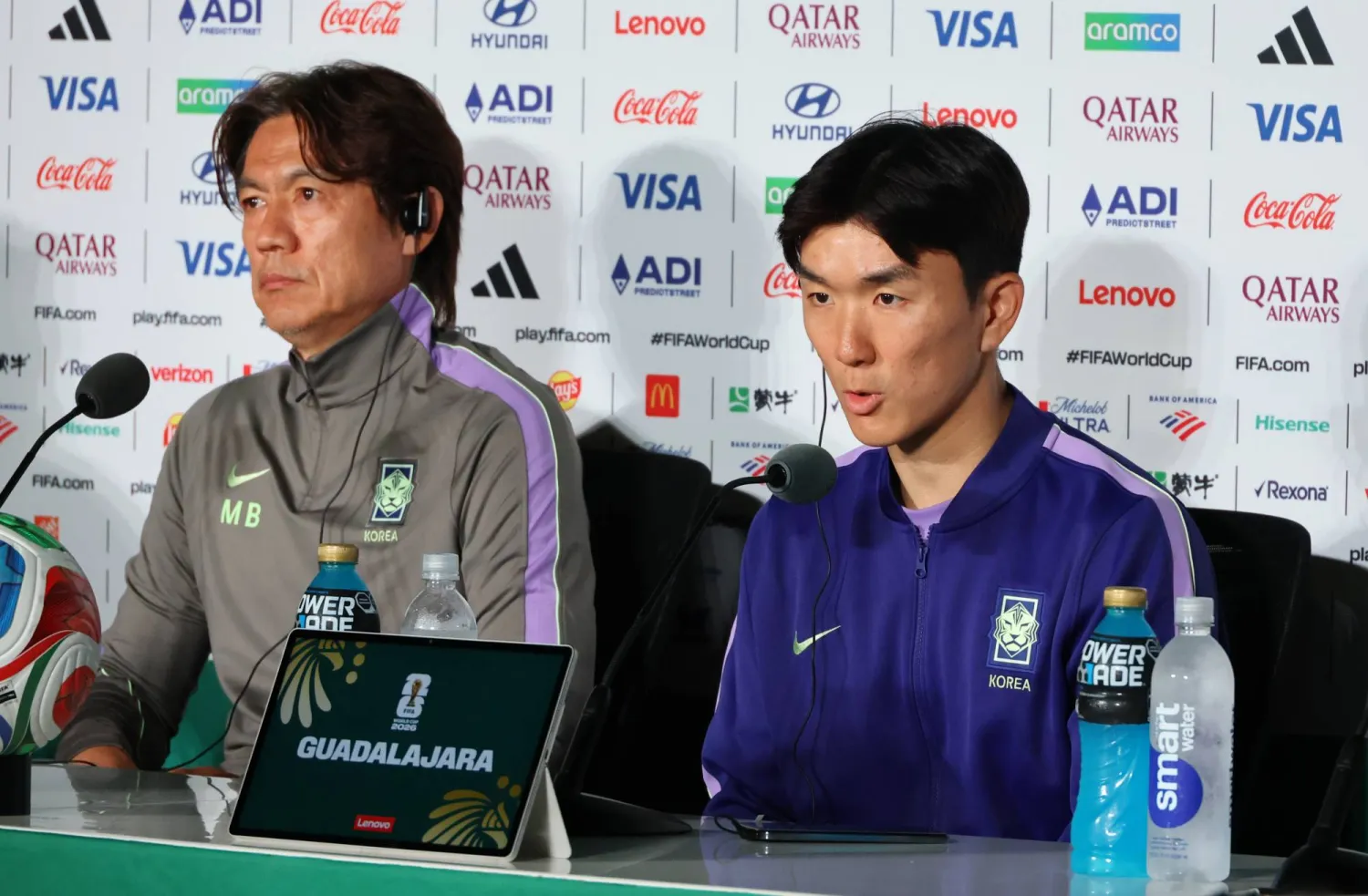 South Korean men's national football team head coach Hong Myung-bo (L) and midfielder Hwang In-beom attend a press conference at Estadio Guadalajara in Zapopan, Mexico, 17 June 2026, a day ahead of their second Group A match. EPA/YONHAP