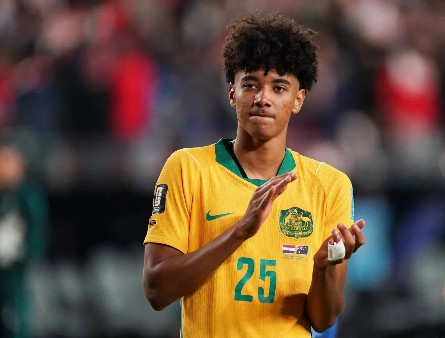 Soccer Football - FIFA World Cup 2026 - Group D - Paraguay v Australia - San Francisco Bay Area Stadium, Santa Clara, California, US - June 25, 2026 Australia's Lucas Herrington applauds fans after the match IMAGN IMAGES via Reuters/David Gonzales