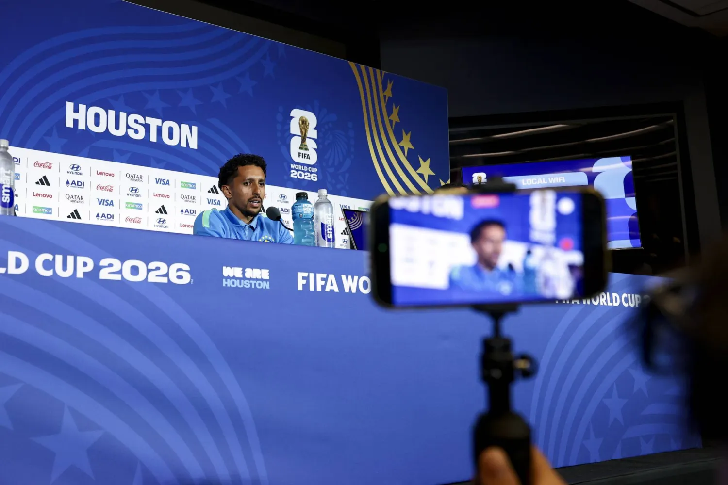 Brazil's national soccer team player Marquinhos attends a press conference in Houston, Texas, USA, 28 June 2026. EPA/CHRISTOPHER NEUNDORF
