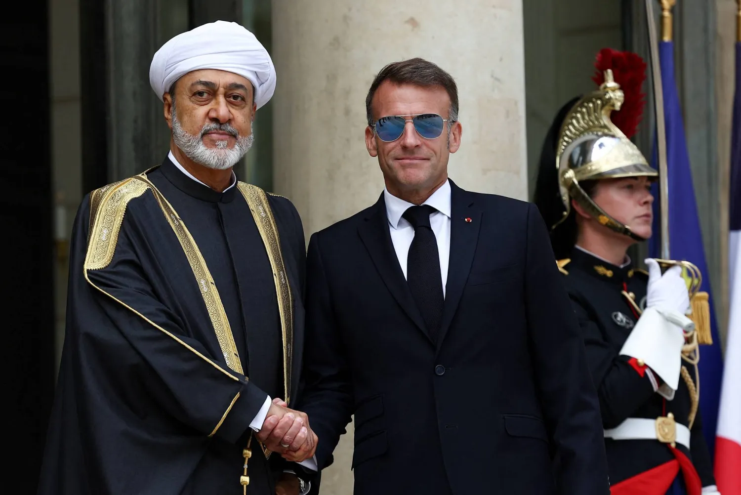 France's President Emmanuel Macron shakes hands with Oman's Sultan Haitham bin Tarik ahead of a meeting at the Elysee Palace in Paris, France, June 29, 2026. (Reuters) 