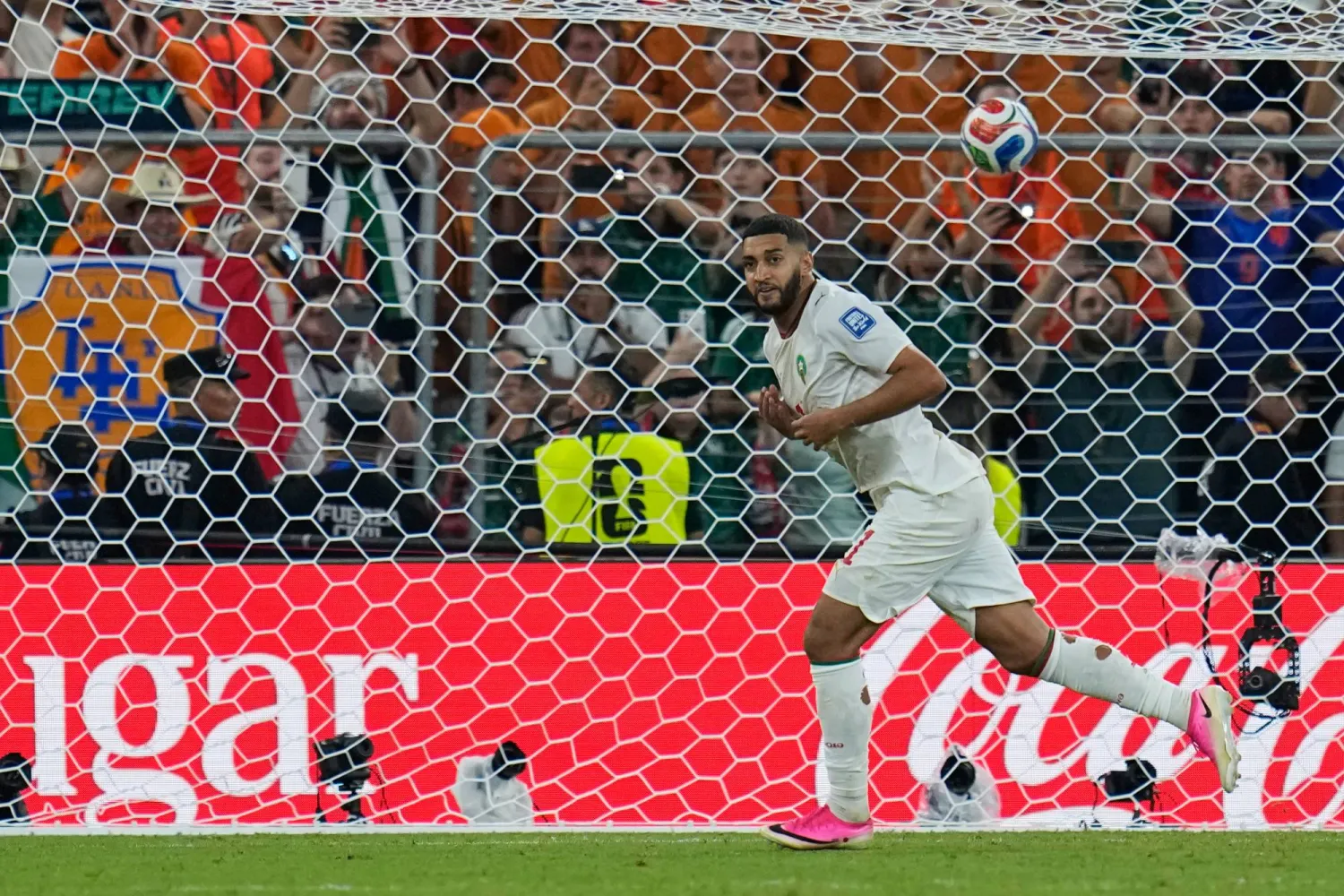 Morocco's Ismael Saibari (11) reacts after scoring the winning penalty during the World Cup round of 32 soccer match between the Netherlands and Morocco in Guadalupe, near Monterrey, Mexico, Monday, June 29, 2026. (AP Photo/Ricardo Mazalan)