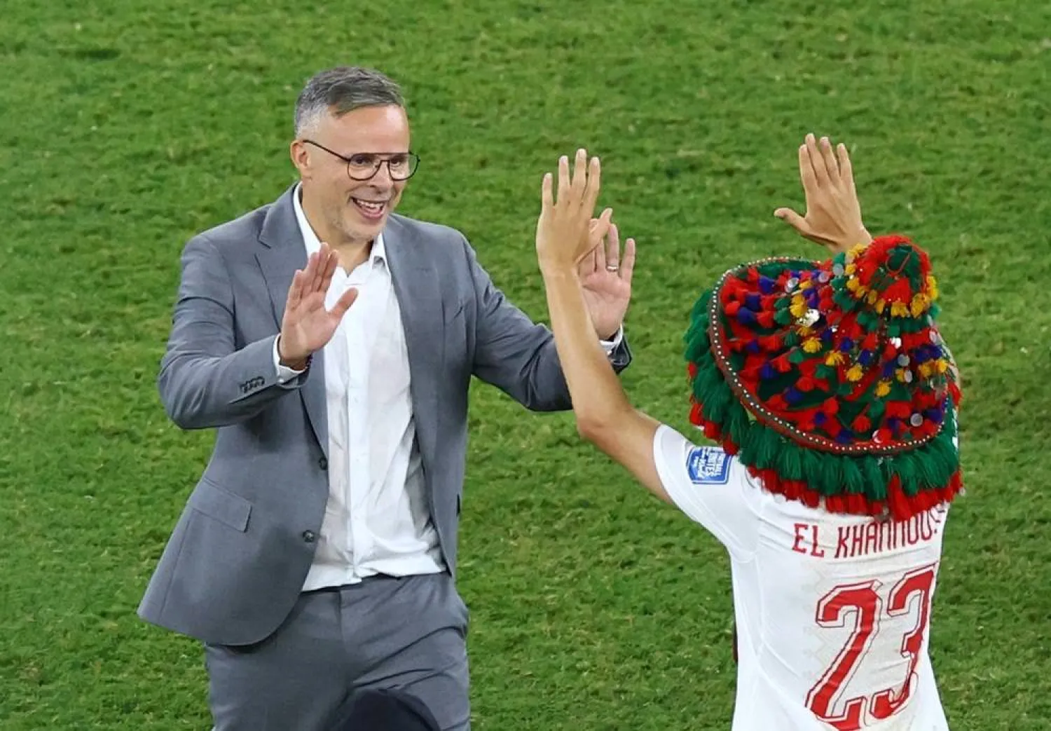 Football - FIFA World Cup 2026 - Round of 32 - Netherlands v Morocco - Estadio Monterrey, Monterrey, Mexico - June 29, 2026 Morocco coach Mohamed Ouahbi and Bilal El Khannouss celebrate after the match as Morocco qualify for the round of 16 stage of the World Cup. (Reuters) 