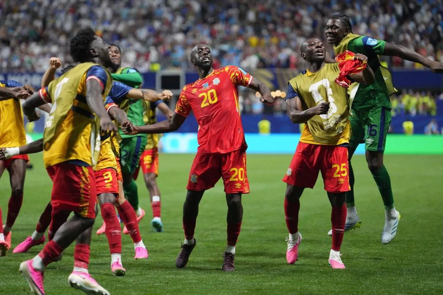  Congo's Yoane Wissa (20) celebrates scoring their third goal during the World Cup Group K soccer match between DR Congo and Uzbekistan in Atlanta, Saturday, June 27, 2026. (AP) 