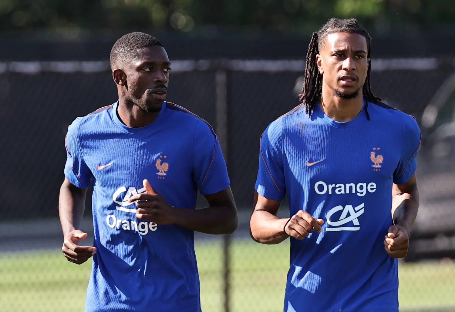 Football - FIFA World Cup 2026 - France Training - Bentley University, Boston, Massachusetts, US - June 27, 2026 France's Michael Olise and Ousmane Dembele during training. (Reuters)