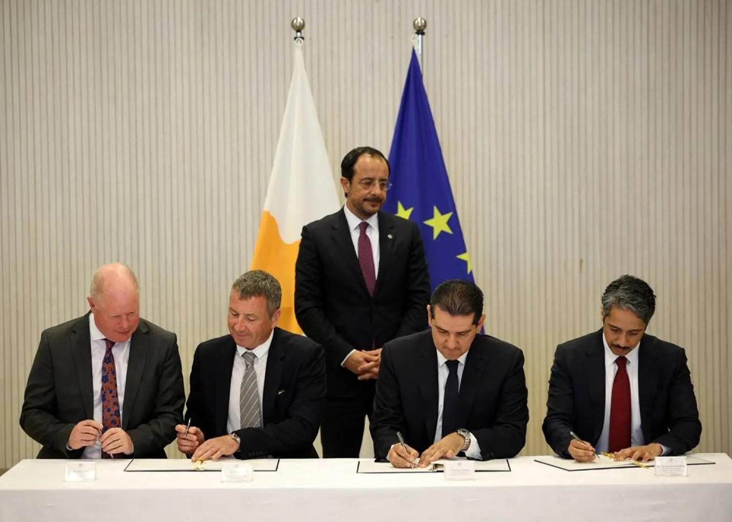 Representatives of ExxonMobil and QatarEnergy sign an agreement with Cyprus declaring gas in two offshore fields marketable, paving the way for further development of offshore gas reserves in the eastern Mediterranean, at the Presidential Palace in Nicosia, Cyprus June 30, 2026. (Reuters) 