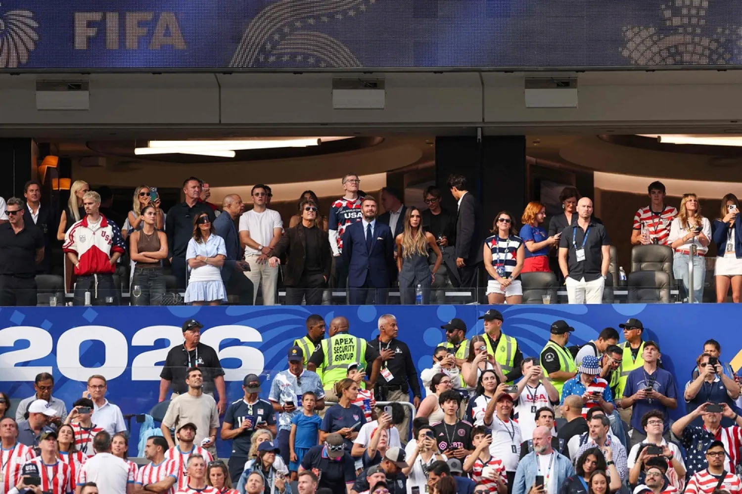 Tom Cruise, David Beckham and Victoria Beckham attend the FIFA World Cup 2026 Group D match between USA and Paraguay at Los Angeles Stadium on June 12, 2026 in Los Angeles, California. (Getty Images/AFP) 
