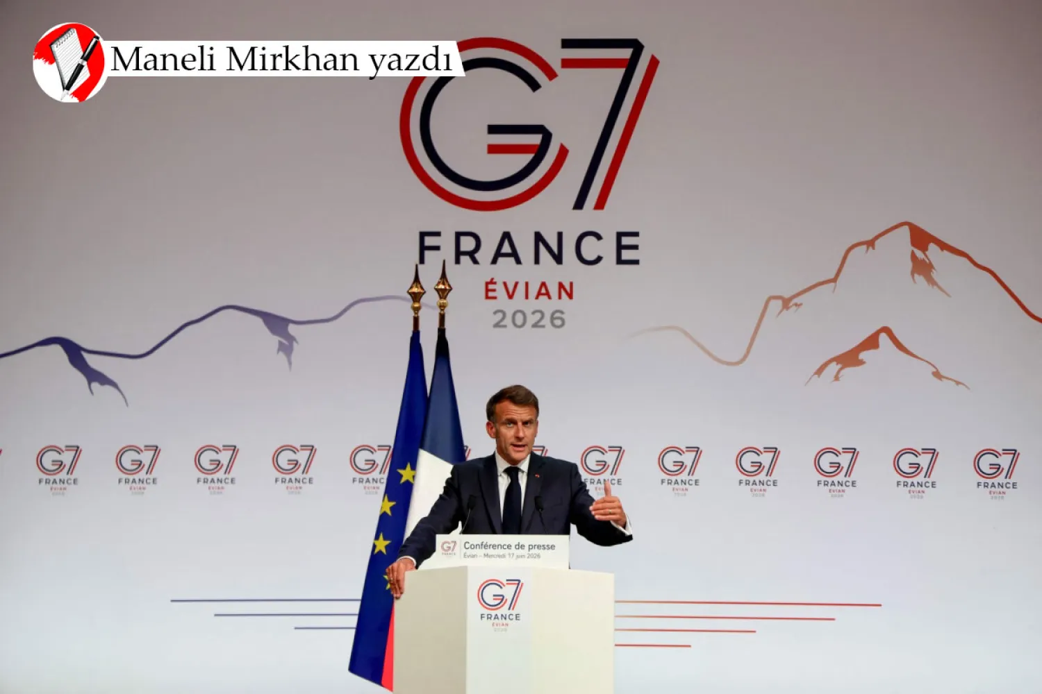 Fotoğraf: Fransa Cumhurbaşkanı Emmanuel Macron, 17 Haziran'da Fransa'nın doğusunda Évian'da düzenlenen G7 zirvesinin kapanış basın toplantısında konuşuyor (AFP)