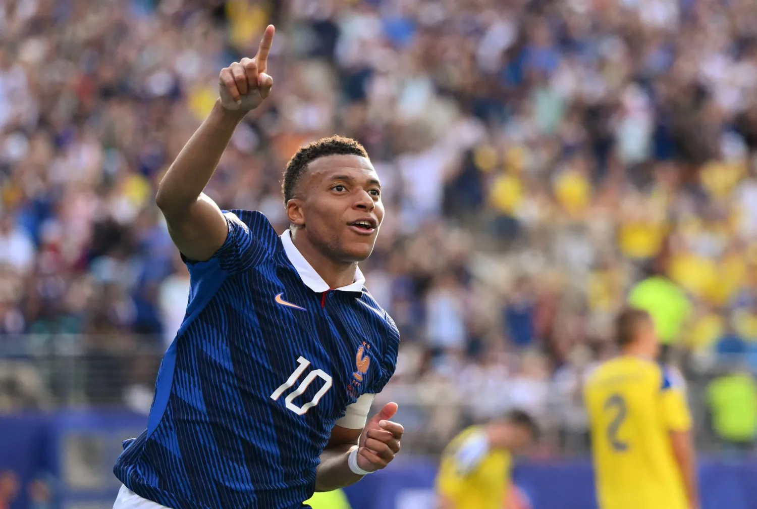 France's forward #10 Kylian Mbappe celebrates scoring his team's third goal during the 2026 World Cup round of 32 football match between France and Sweden at the New York/New Jersey Stadium in East Rutherford on June 30, 2026. (AFP) 