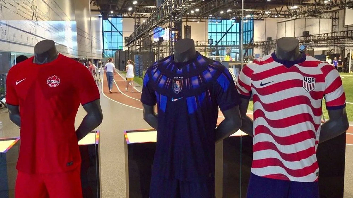 World Cup uniform kits designed by Nike are displayed at its headquarters in Beaverton, Ore., on June 22, 2026. (AP) 