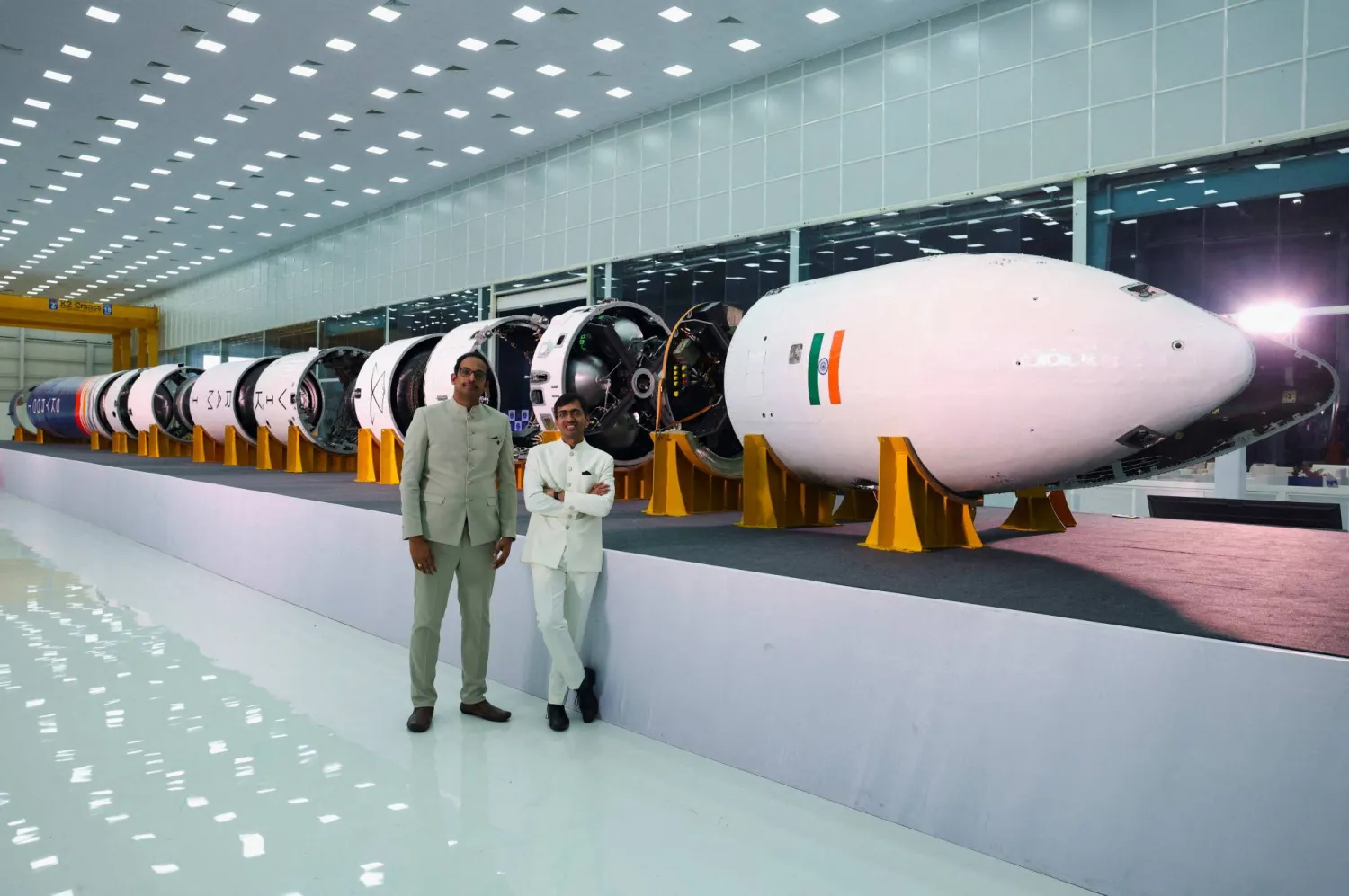 FILE PHOTO: Naga Bharath Daka and Pawan Kumar Chandana, founders of Skyroot Aerospace, pose in front of Vikram-I, India's first private commercial rocket, at the campus of Skyroot Aerospace during the inauguration ceremony of Infinity Campus, India's largest private rocket factory, in Hyderabad, India, November 27, 2025. REUTERS/Priyanshu Singh/File Photo