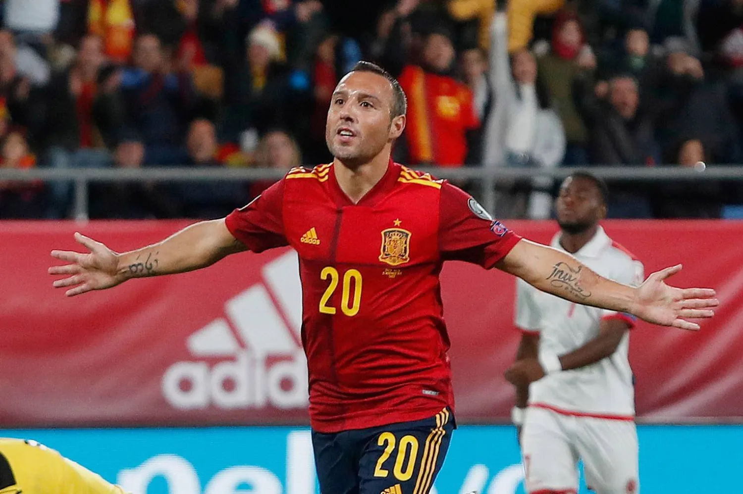 FILE - In this Friday Nov. 15, 2019 file photo, Spain's Santi Cazorla celebrates after scoring his side's second goal during a Euro 2020 Group F qualifying soccer match between Spain and Malta at the Ramon de Carranza stadium in Cadiz, Spain. (AP Photo/Miguel Morenatti, File)