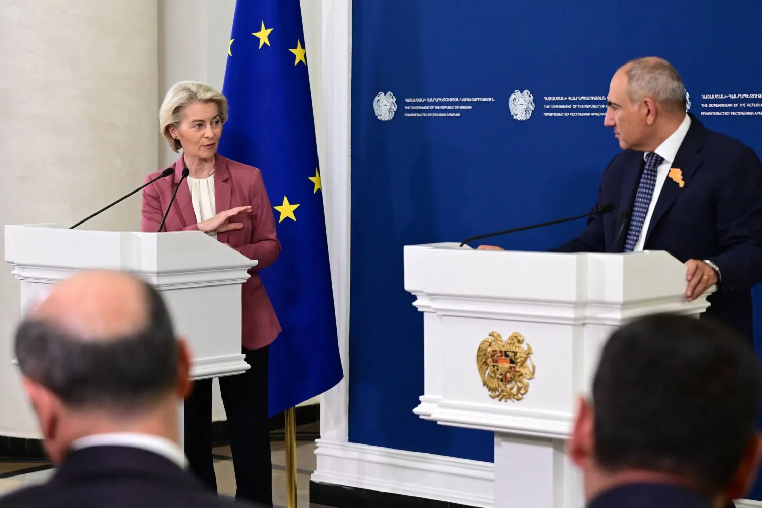 Armenian Prime Minister Nikol Pashinyan and European Commission President Ursula von der Leyen hold a joint press conference following their talks in Yerevan on July 2, 2026. (Photo by Karen MINASYAN / AFP)