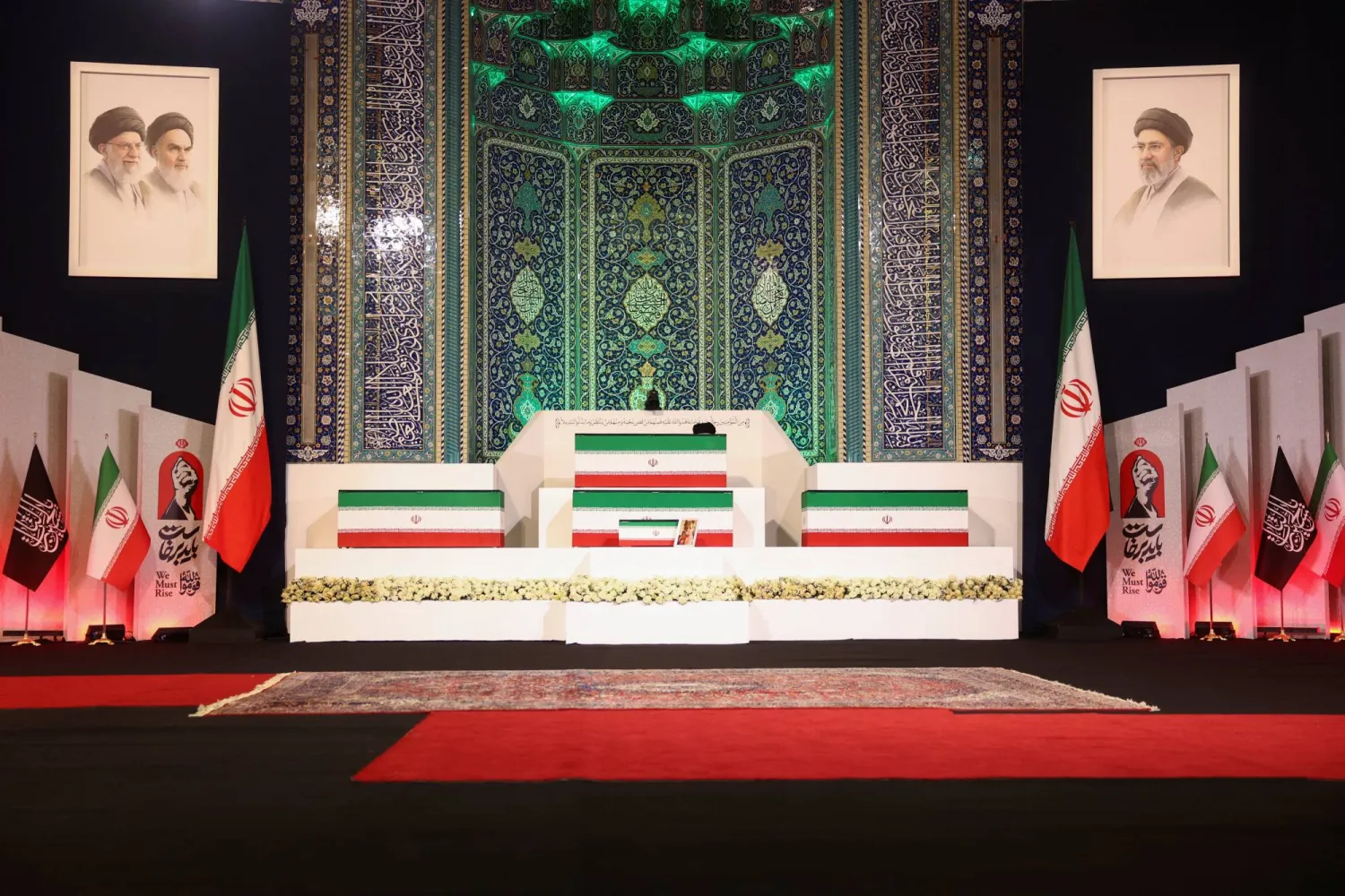 The coffins of Iran's late Supreme Leader Ali Khamenei and his family members are displayed on the day international delegates participate in a farewell ceremony for Khamenei, who was killed on February 28 during Israeli and US airstrikes on Iran, at the Imam Khomeini Grand Mosalla in Tehran, Iran July 3, 2026.  Majid Asgaripour/WANA (West Asia News Agency) via REUTERS 