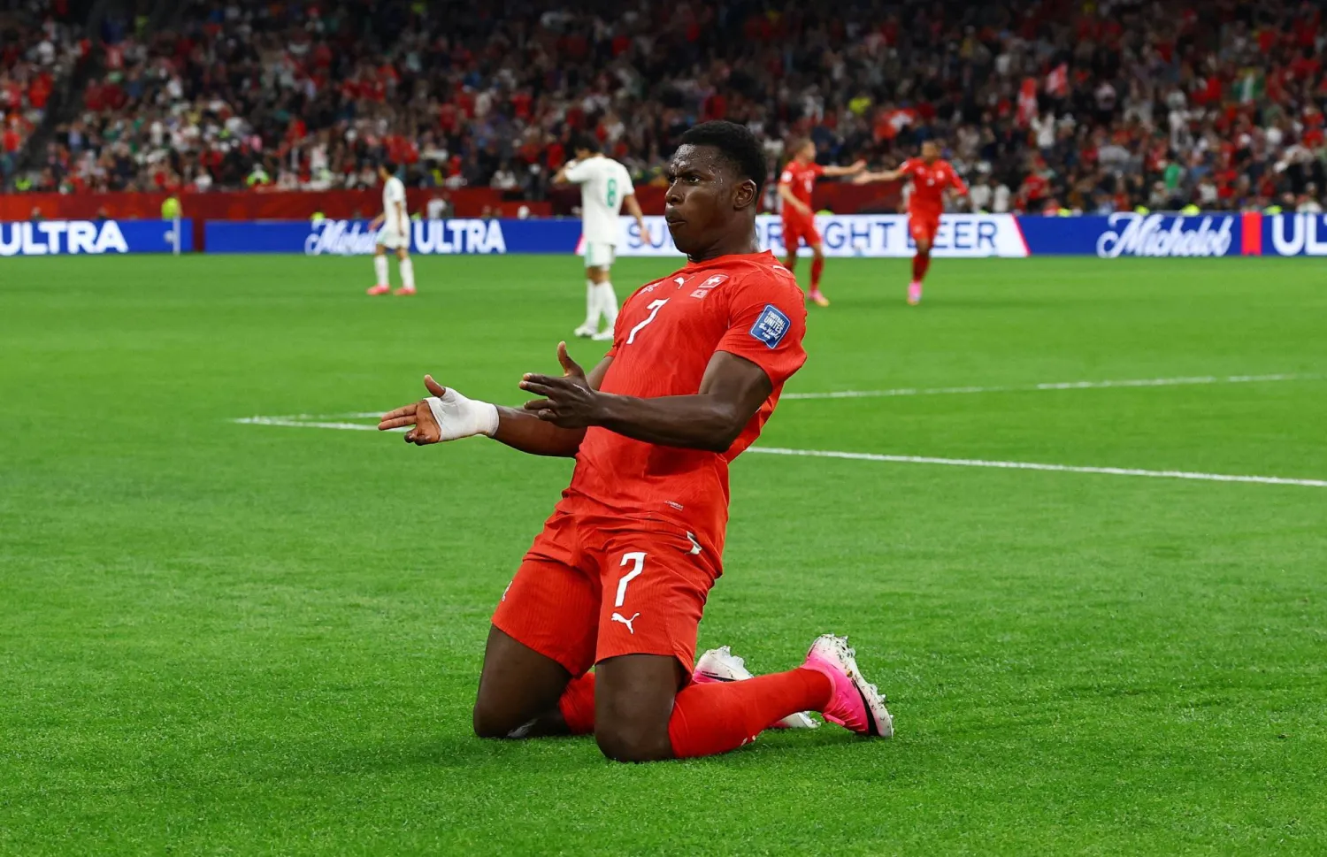 Football - FIFA World Cup 2026 - Round of 32 - Switzerland v Algeria - BC Place, Vancouver, Canada - July 2, 2026 Switzerland's Breel Embolo celebrates scoring their first goal. (Reuters)