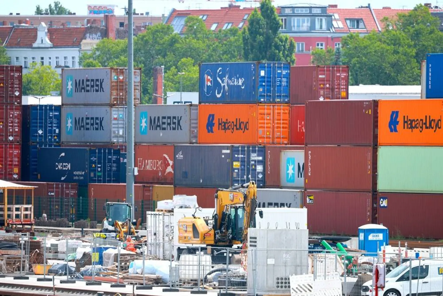 Transshipment containers stacked at the Westhafen container terminal in Berlin, Germany, 01 July 2026. (EPA)