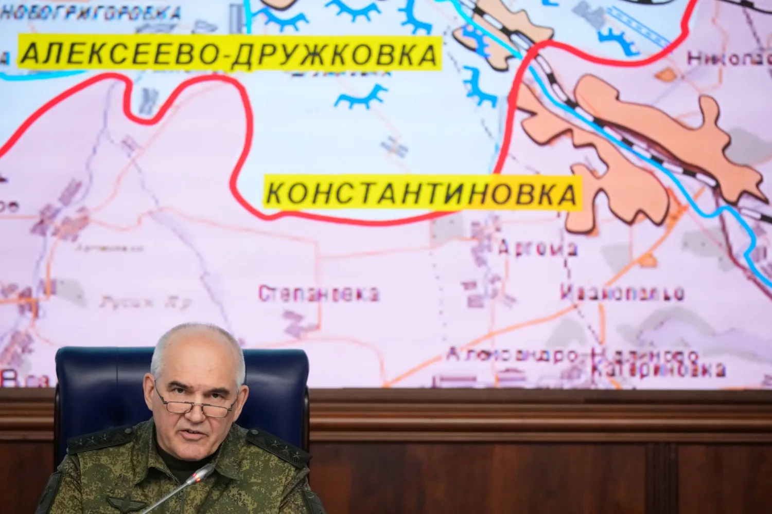 The First Deputy Chief of the General Staff of Russian Armed Forces Lt. Gen. Sergei Rudskoy holds a news briefing in Moscow, Saturday, July 4, 2026. (AP Photo/Pavel Bednyakov)