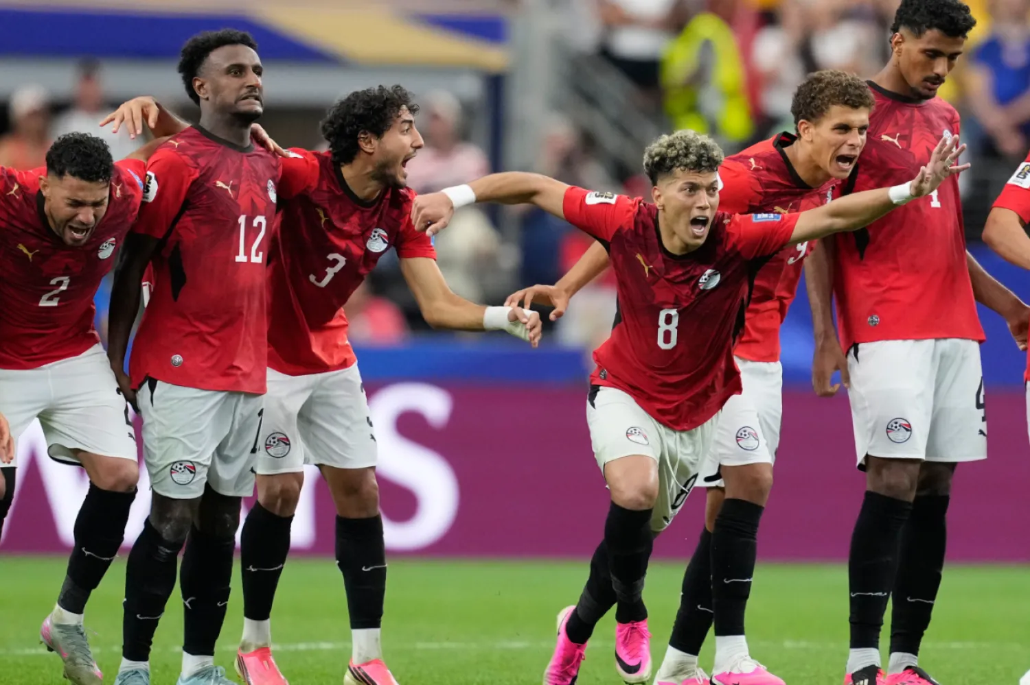 Egypt players react during a penalty shootout against Australia for the World Cup round of 32 soccer match in Arlington, Texas, near Dallas, Friday, July 3, 2026. (AP Photo/Tony Gutierrez)
