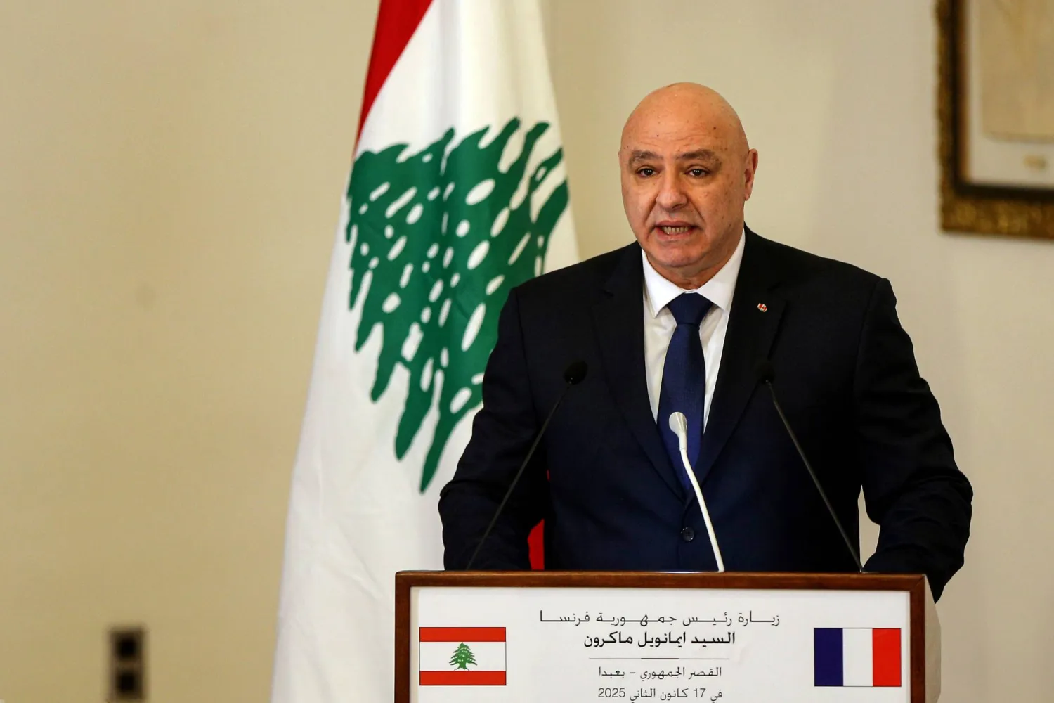 FILED - 17 January 2025, Lebanon, Baabda: FILE PHOTO - Lebanese President Joseph Aoun speaks during a press conference at Baabda Palace. Photo: Marwan Naamani/dpa
