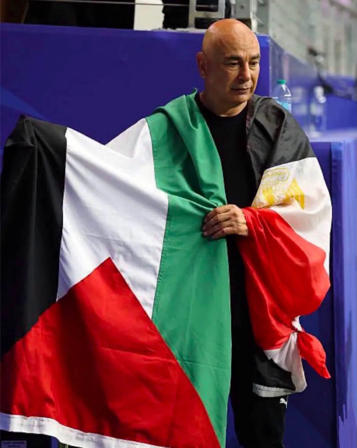 المدير الفني لمنتخب مصر حسام حسن يرفع علم فلسطين عقب الفوز على أستراليا (صفحته على فيسبوك)