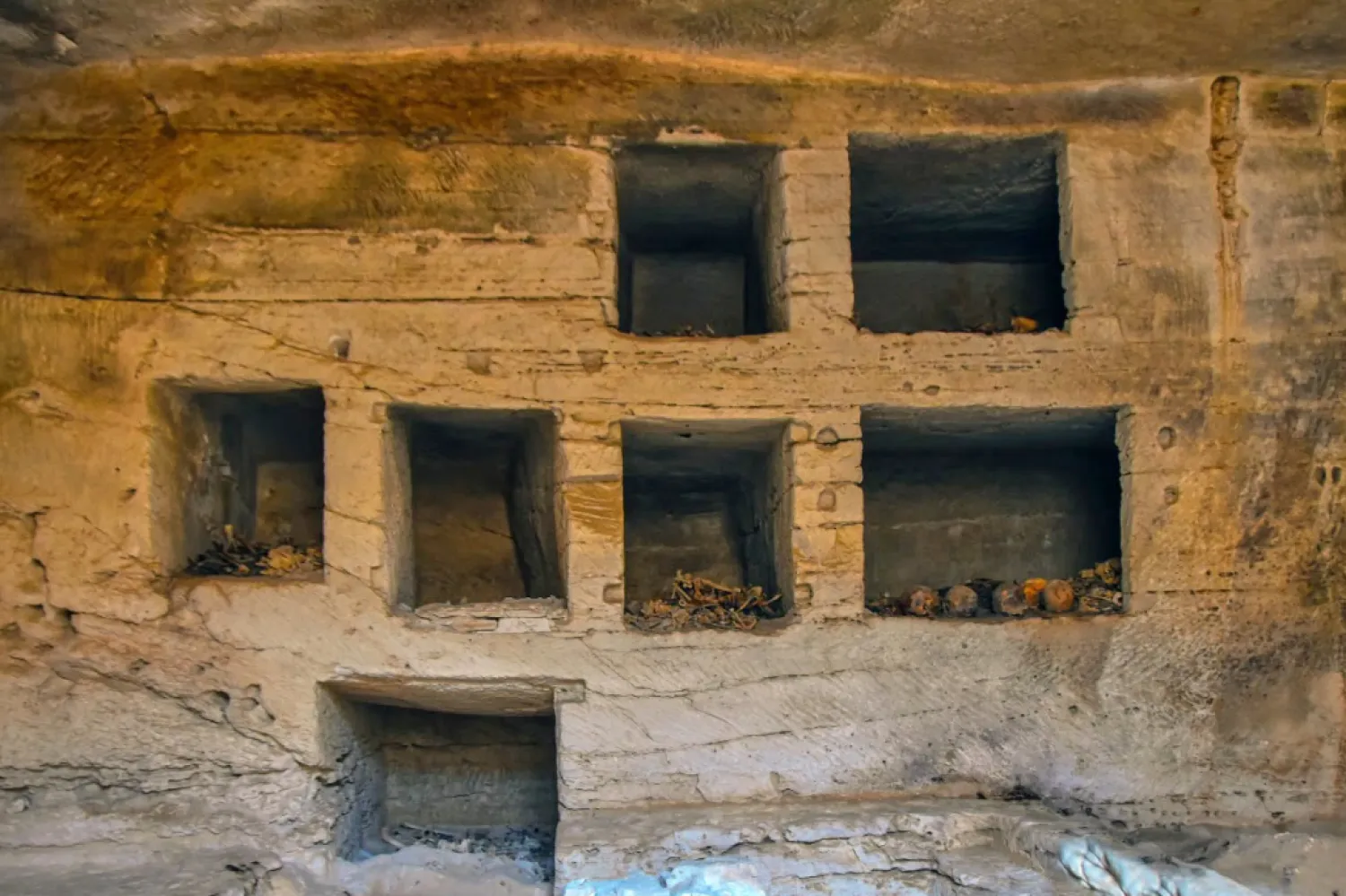 In this photo provided Saturday, July 4, 2026, by Ministery of Tourism and Antiquities, some of seven surface limestone-built tombs, discovered in the Marina el-Alamein archaeological site, are seen west of the Mediterranean city of Alexandria, Egypt. (Ministery of Tourism and Antiquities via AP)