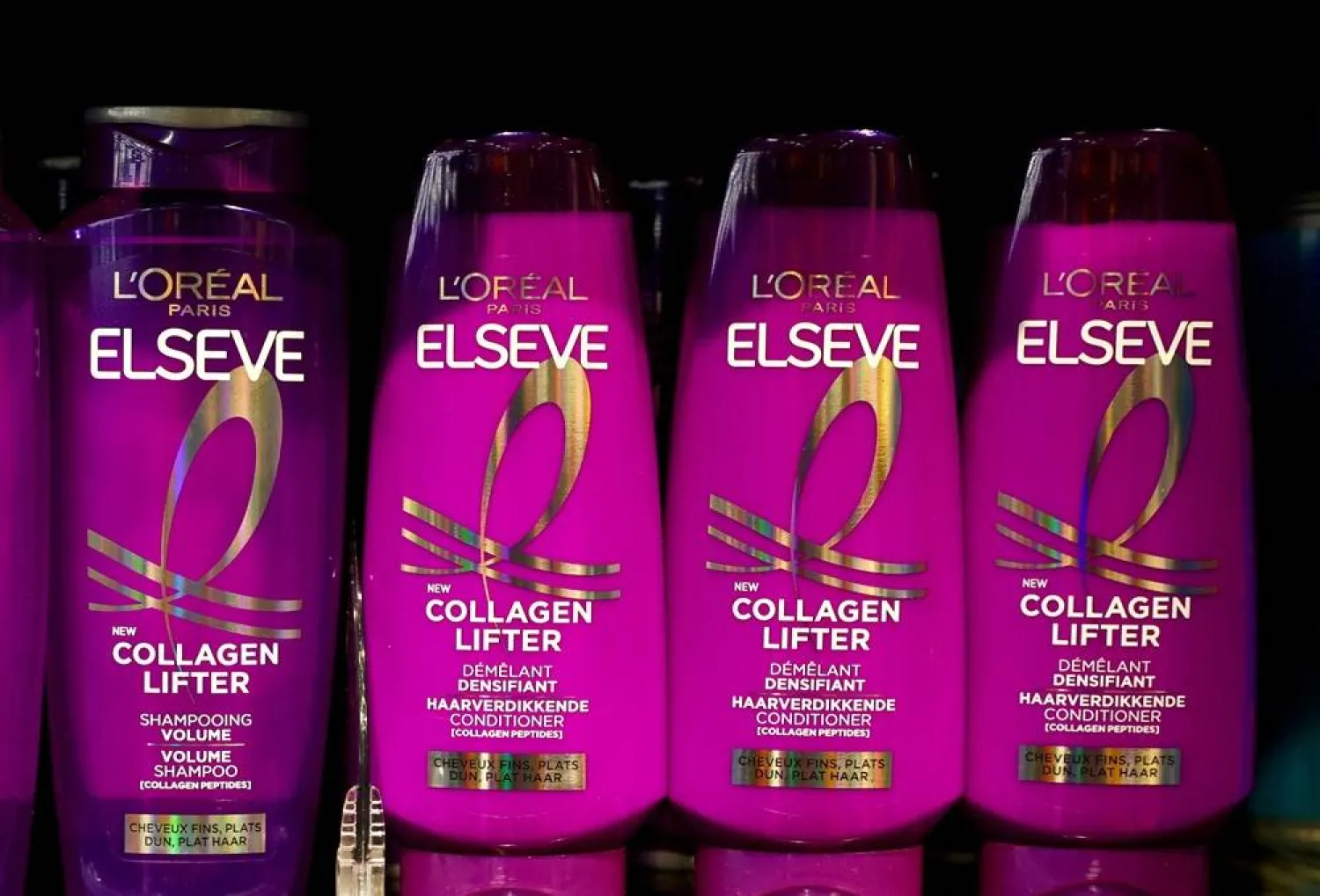  Bottles of L'Oreal Paris Elseve Collagen Lifter shampoo and conditioner in a supermarket in Brussels, Belgium, July 3, 2026. (Reuters)