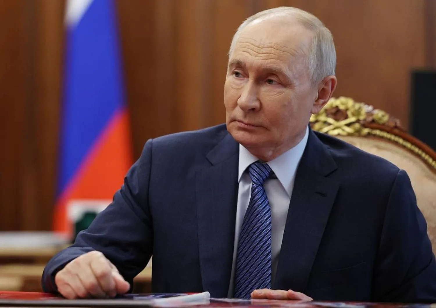  Russian President Vladimir Putin listens to Dmity Milyaev, Governor of Tula region of Russia at the Kremlin in Moscow, Monday, July 6, 2026. (Gavriil Grigorov/Sputnik, Kremlin Pool Photo via AP) 