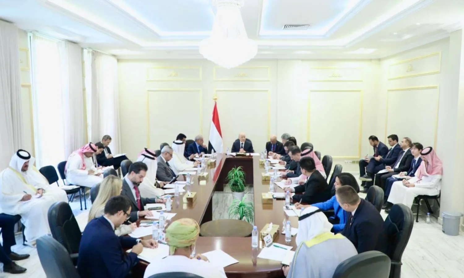 Chairman of Yemen’s Presidential Leadership Council Dr. Rashad Al-Alimi meets with the ambassadors on Monday. (SABA)
