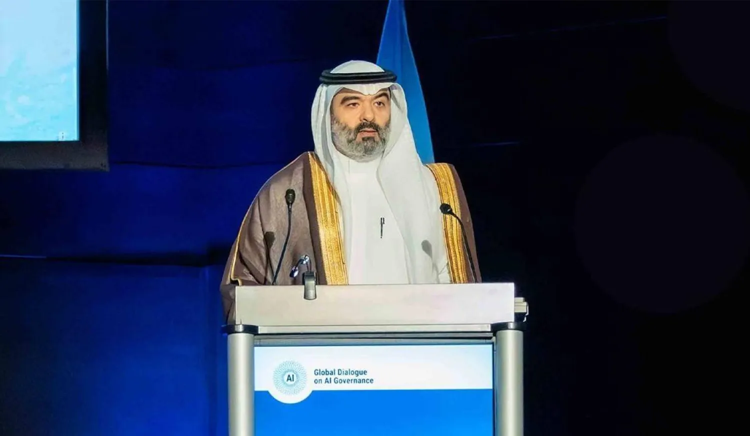 المهندس عبد الله السواحه وزير الاتصالات السعودي خلال كلمته في الحوار العالمي للأمم المتحدة (واس)