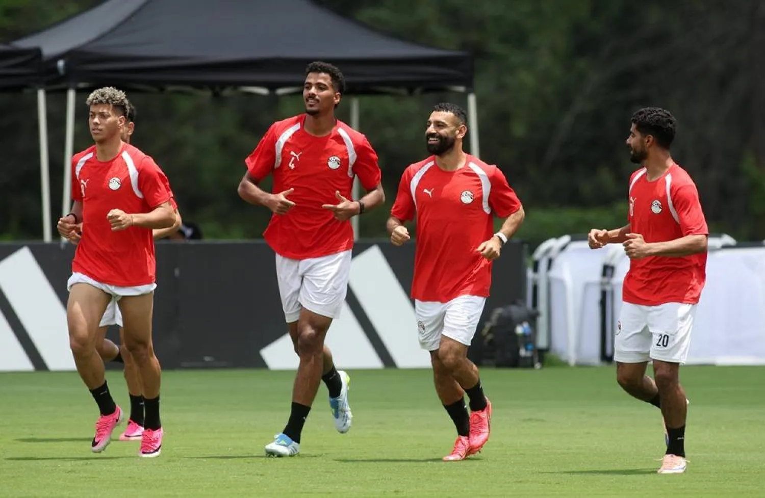 Football - FIFA World Cup 2026 - Egypt Training - Atlanta United Training Center, Atlanta, Georgia, US - July 6, 2026 Egypt's Mohamed Salah and Hossam Abdelmaguid during training. (Reuters)