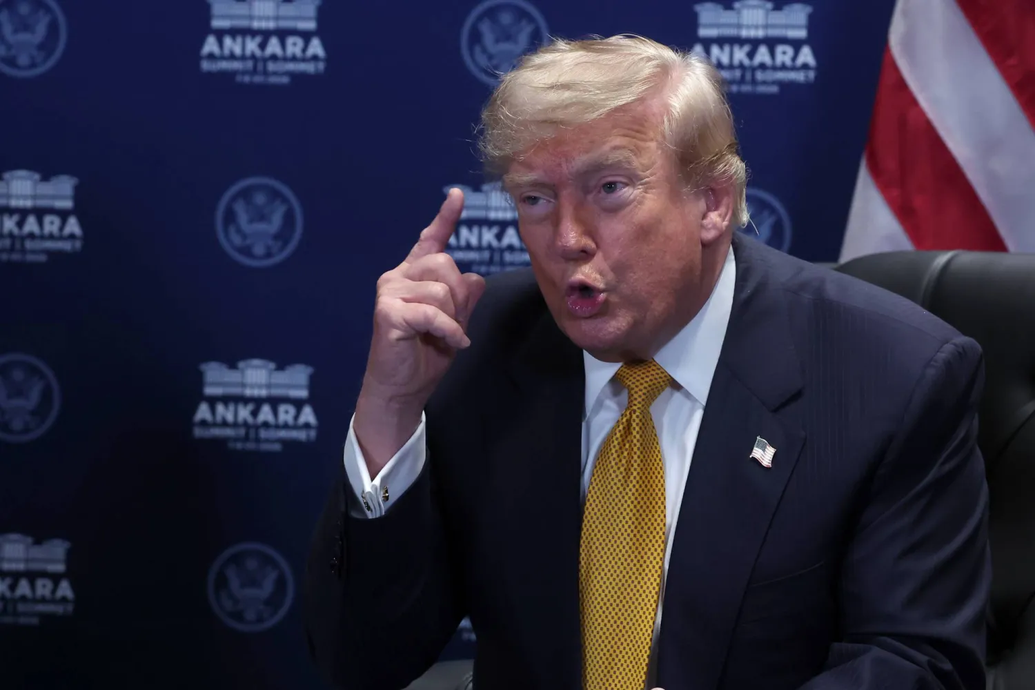 US President Donald Trump speaks during a meeting with NATO Secretary General Mark Rutte (not pictured) on the sidelines of the NATO summit in Ankara, Türkiye, 08 July 2026. EPA/FILIP SINGER / POOL
