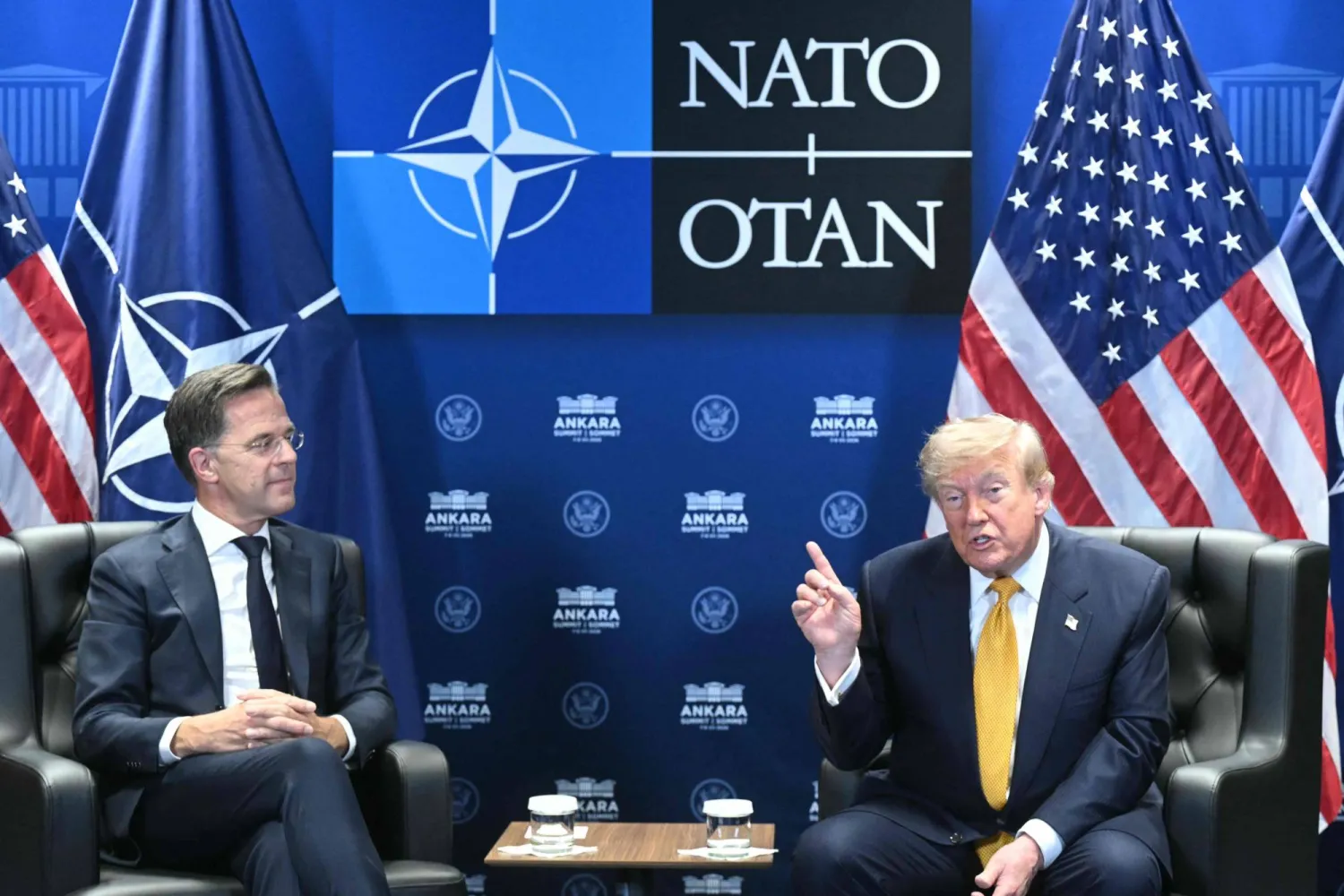 NATO Secretary General Mark Rutte (L) and US President Donald Trump meet on the sidelines of the NATO summit in Ankara, on July 8, 2026. (Photo by SAUL LOEB / AFP)