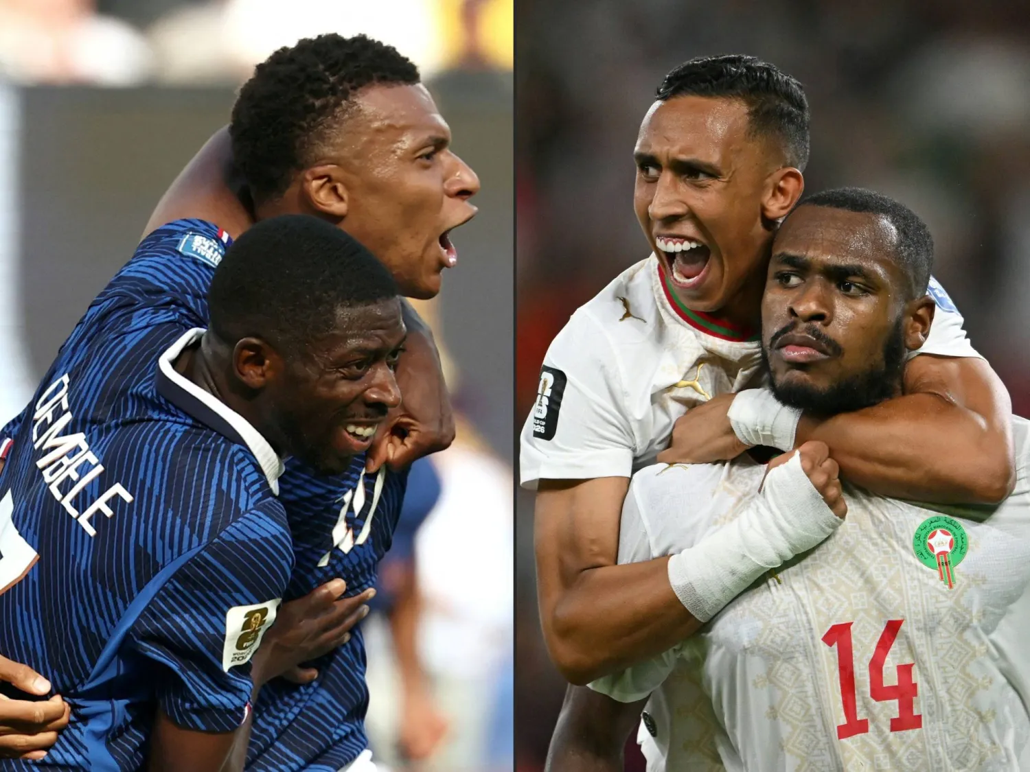 صورة لديوب ورحيمي من المنتخب المغربي ومبابي وديمبيليه من المنتخب الفرنسي  (أ ف ب)