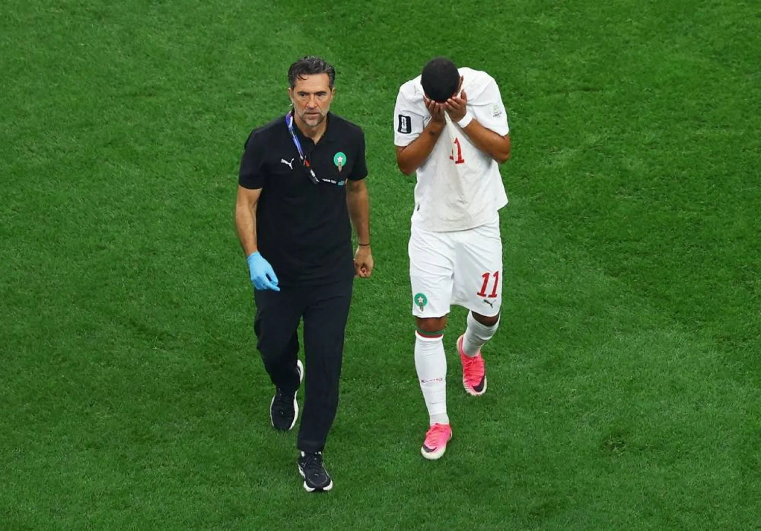 Football - FIFA World Cup 2026 - Round of 16 - Canada v Morocco - Fans gather in Vancouver - Vancouver, Canada - July 4, 2026 Morocco's Ismael Saibari comes off the pitch to receive medical attention after sustaining an injury. (Reuters)