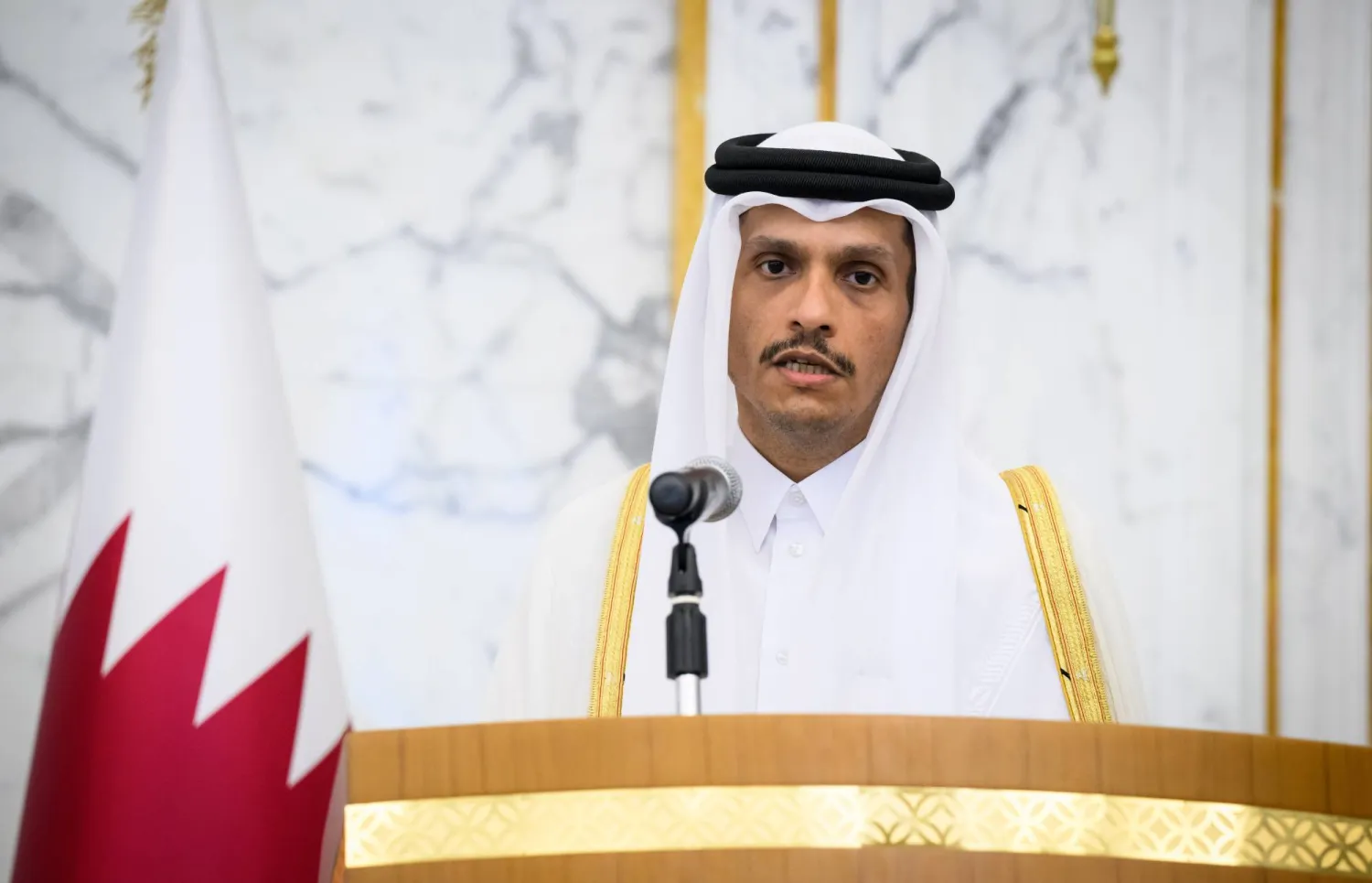 17 May 2023, Qatar, Doha: Qatari Prime Minister Sheikh Mohammed bin Abdulrahman al-Thani makes remarks at a press conference at the Emir's palace in Doha. (dpa) 