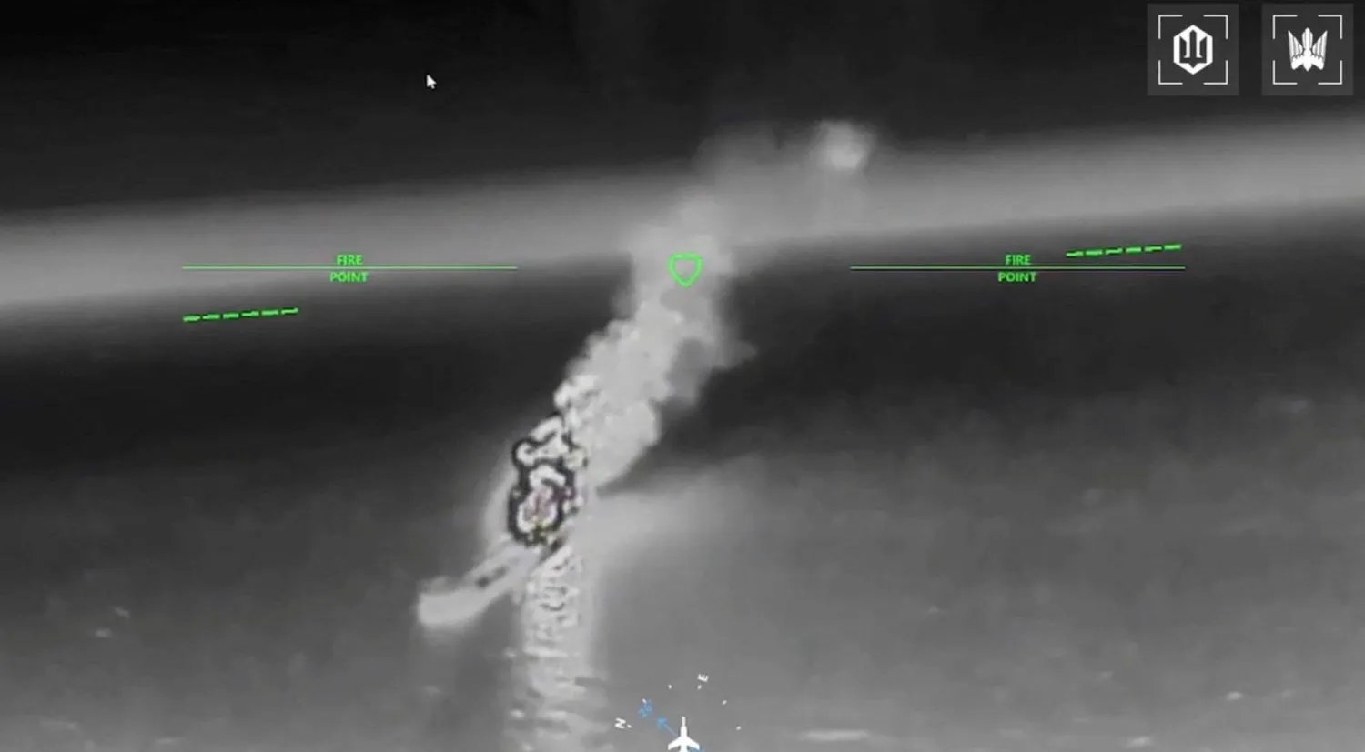 Smoke rises after what the Ukranian authorities say was during a strike as Ukrainian UAVs hit a Russian dark fleet tanker at a location given as Sea of Azov in this screengrab taken from a handout video released on July 7, 2026. Commander of Unmanned Aerial Systems Force/Handout via REUTERS