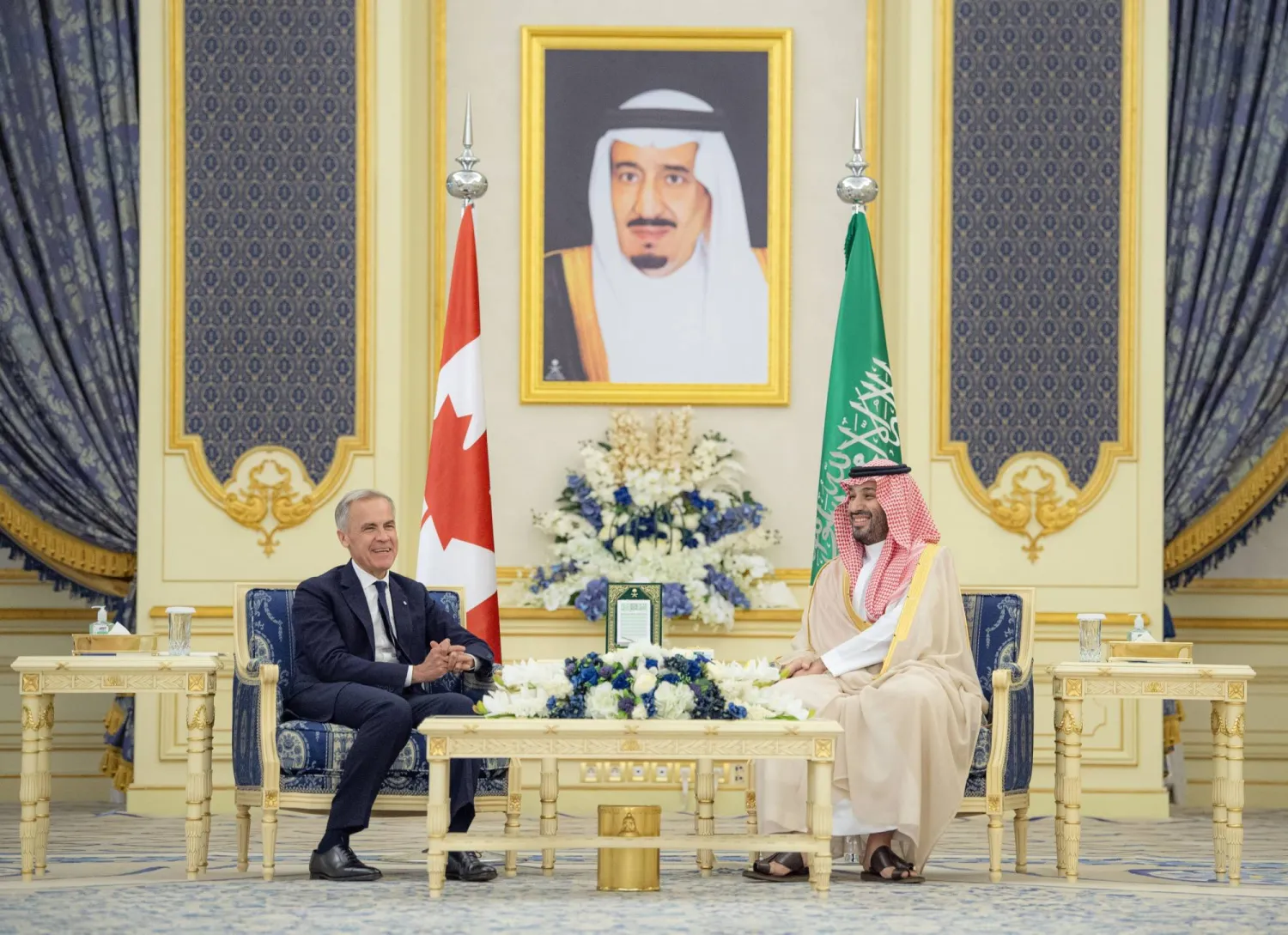 Prince Mohammed bin Salman, Saudi Crown Prince and Prime Minister, and Canadian Prime Minister Mark Carney meet in Jeddah on Thursday. (SPA)