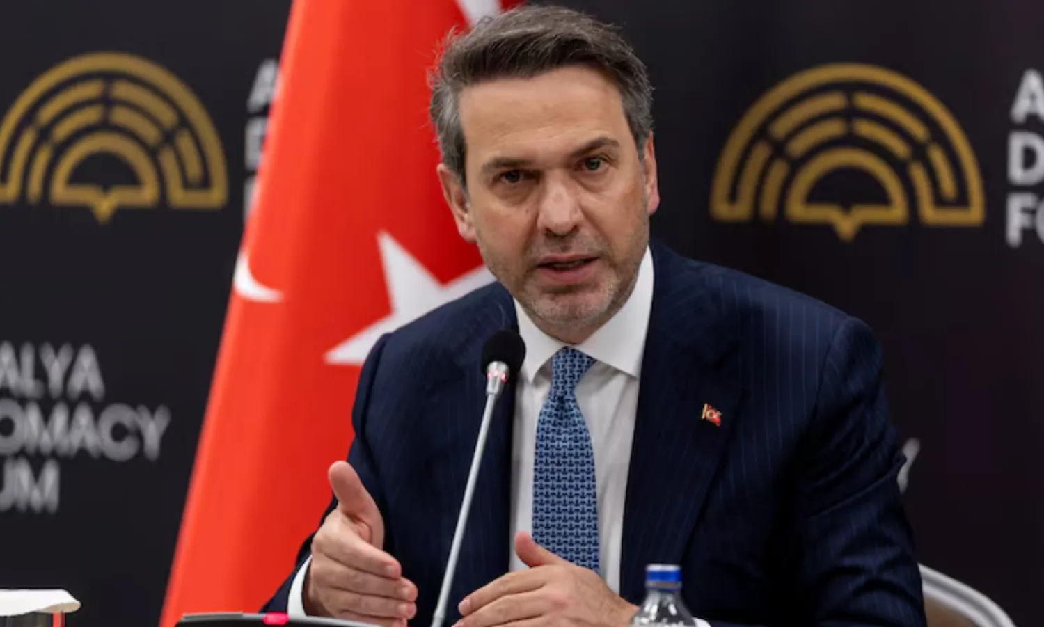 Türkiye's Energy Minister Alparslan Bayraktar speaks as he meets with reporters at Antalya Diplomacy Forum in Antalya, Türkiye, April 18, 2026. REUTERS/Umit Bektas 