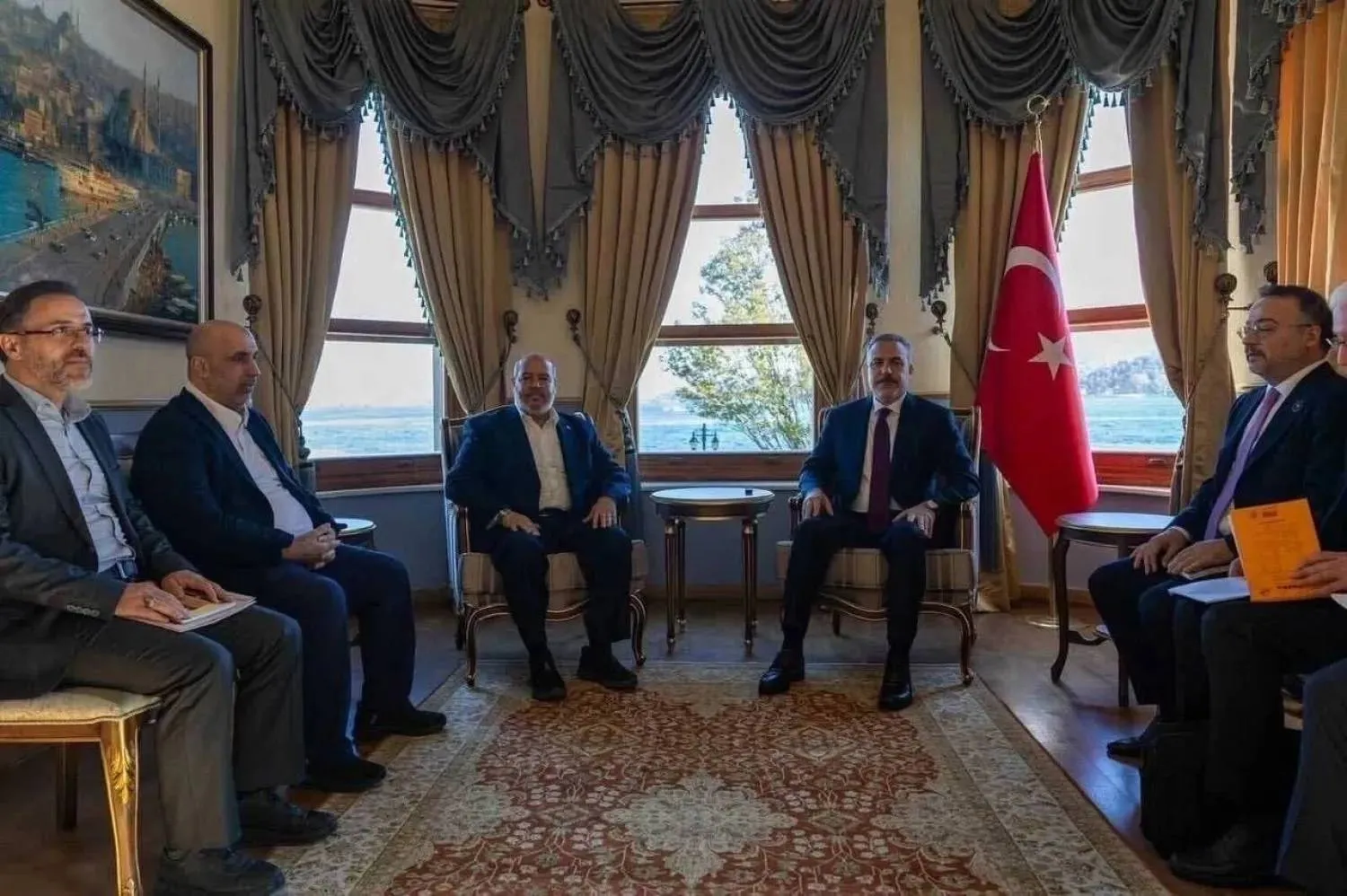 Turkish Foreign Minister Hakan Fidan meets a Hamas delegation led by Khalil al-Hayya in Istanbul. (Hamas)

