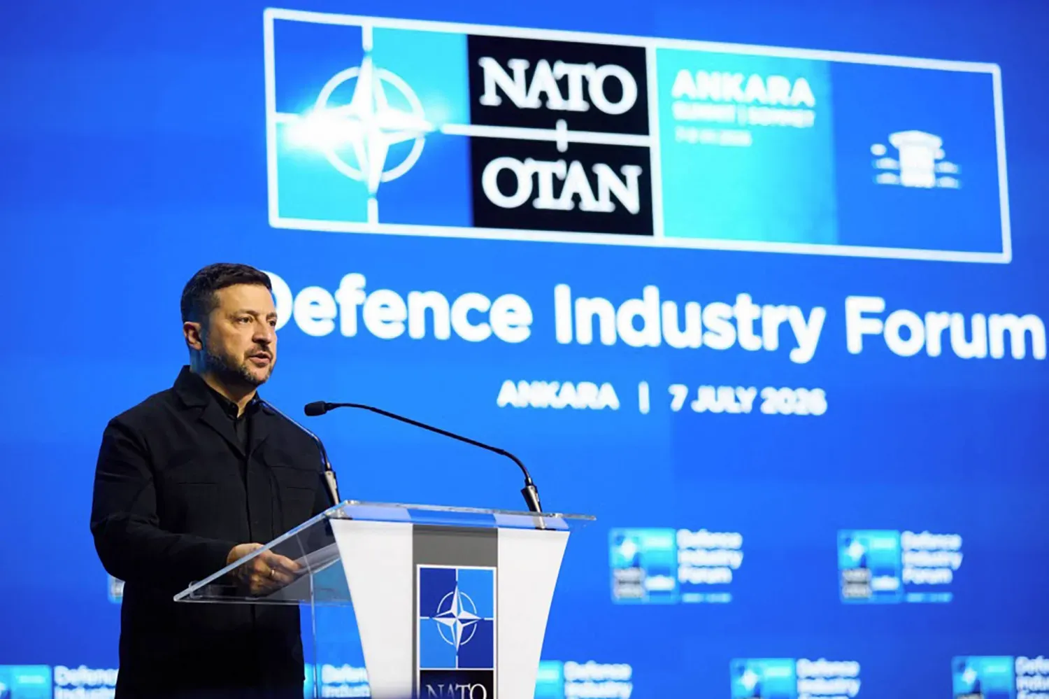Ukrayna Devlet Başkanı Vladimir Zelenskiy, 7 Temmuz 2026’da Ankara’da düzenlenen 36’ncı NATO Devlet ve Hükümet Başkanları Zirvesi’nde bir konuşma yaptı. (AFP)