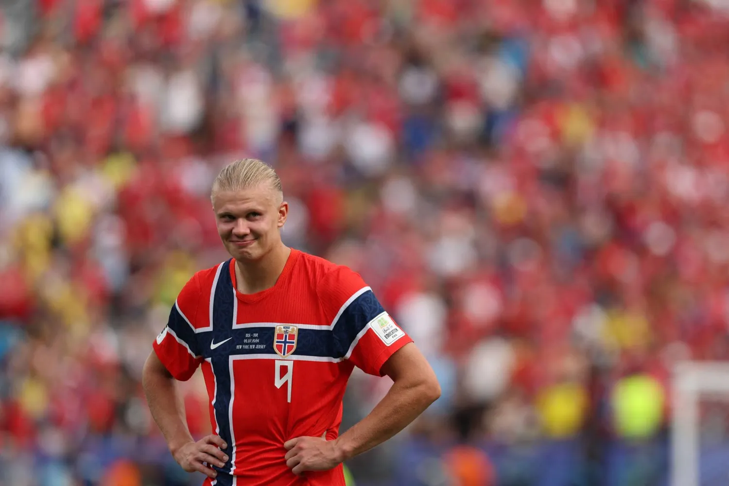 Norway's forward #09 Erling Braut Haaland smiles after winning the 2026 World Cup round of 16 football match between Brazil and Norway at the New York/New Jersey Stadium in East Rutherford on July 5, 2026. (AFP) 