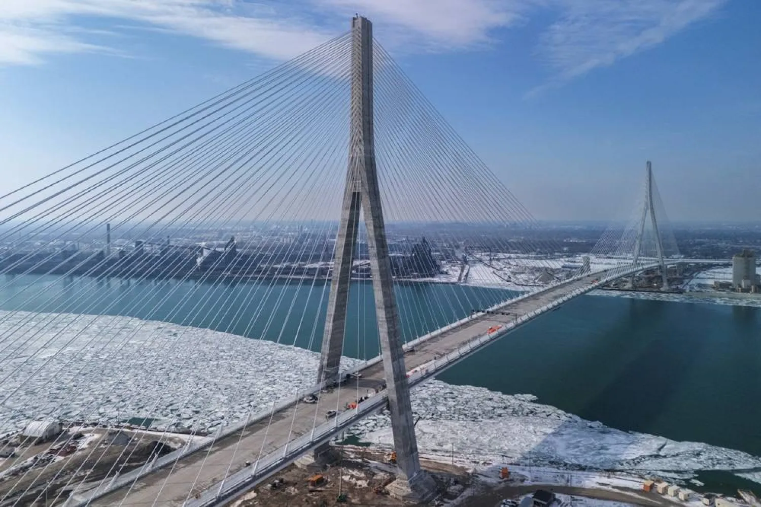 The Gordie Howe International Bridge, under construction to link Detroit, Michigan, with Windsor, Ontario, as seen in a drone image taken from Windsor, Ontario, Canada, February 10, 2026. (Reuters) 