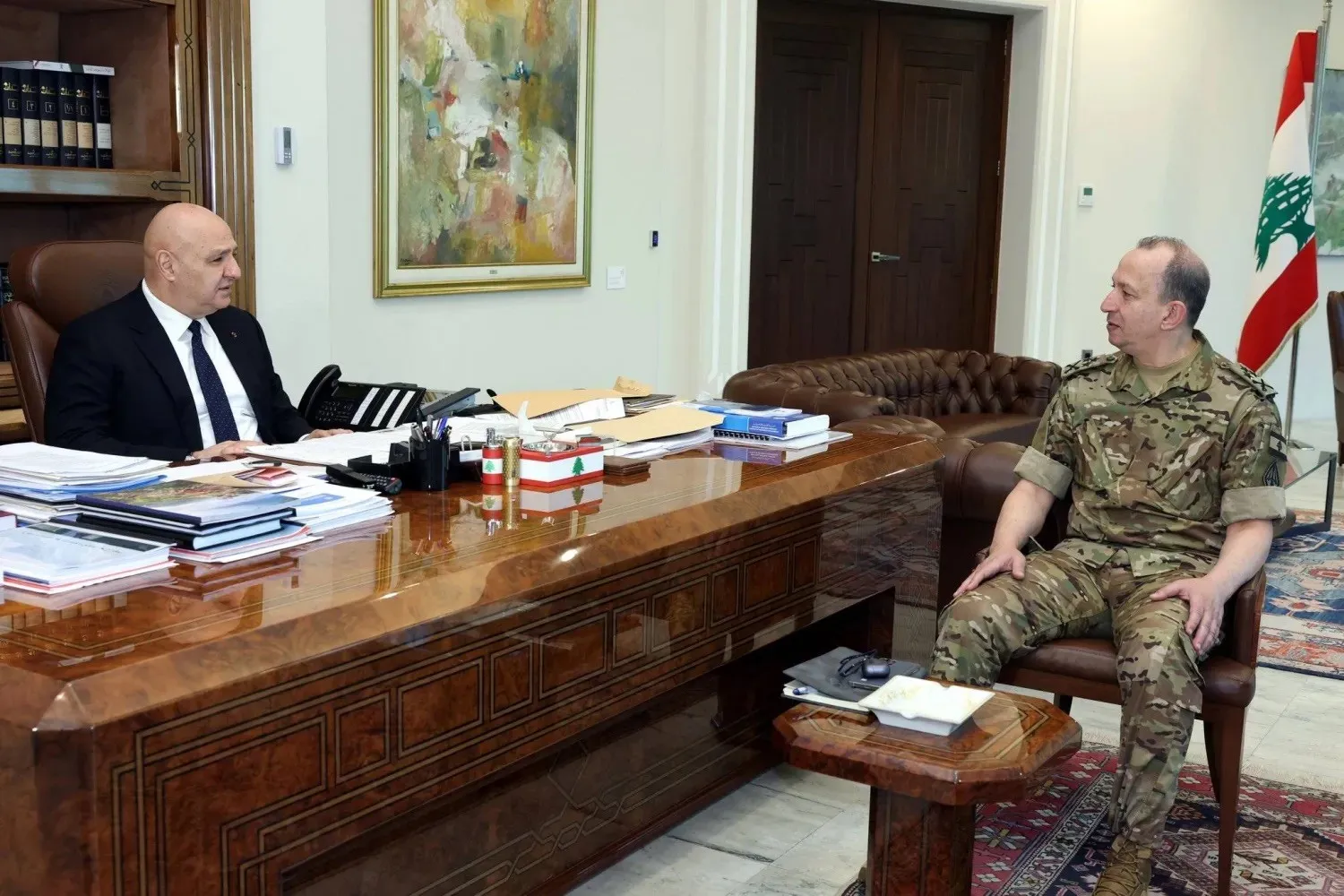 Lebanese President Joseph Aoun meets with Army Commander Gen. Rodolphe Haykal to discuss ongoing preparations for implementing the provisions of the framework agreement in the pilot areas. (Lebanese Presidency) 