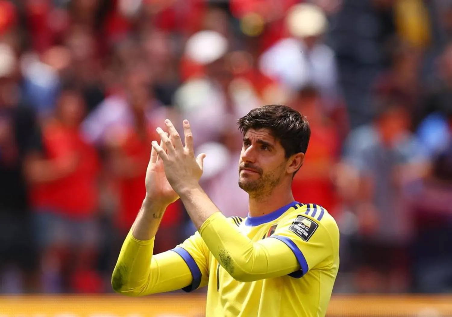 Football - FIFA World Cup 2026 – Quarter-final - Spain v Belgium - Los Angeles Stadium, Inglewood, California, US - July 10, 2026 Belgium's Thibaut Courtois looks dejected as he applauds fans after the match following their elimination from the World Cup. (Reuters) 
