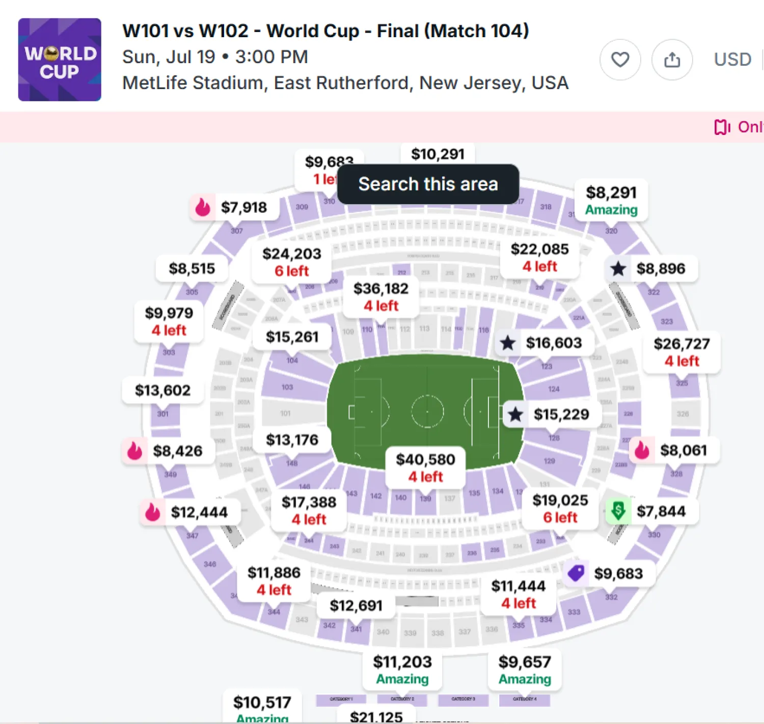 Ticket prices for the 2026 World Cup final (stubhub website)